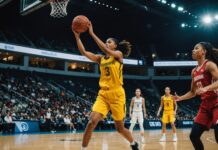 Basket féminin : le record de tirs à trois points qui propulse la France en quarts de finale Joueuse de basket féminin tirant à trois points lors d'un match international