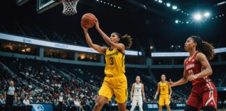 Basket féminin : le record de tirs à trois points qui propulse la France en quarts de finale Joueuse de basket féminin tirant à trois points lors d'un match international