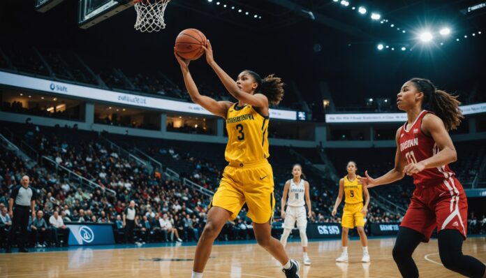 Joueuse de basket féminin tirant à trois points lors d'un match international