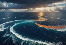El Niño : vers l’un des épisodes les plus intenses jamais mesurés Vue satellite stylisée de l'océan Pacifique tropical illustrant le réchauffement lié à El Niño