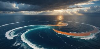 El Niño : vers l’un des épisodes les plus intenses jamais mesurés Vue satellite stylisée de l'océan Pacifique tropical illustrant le réchauffement lié à El Niño