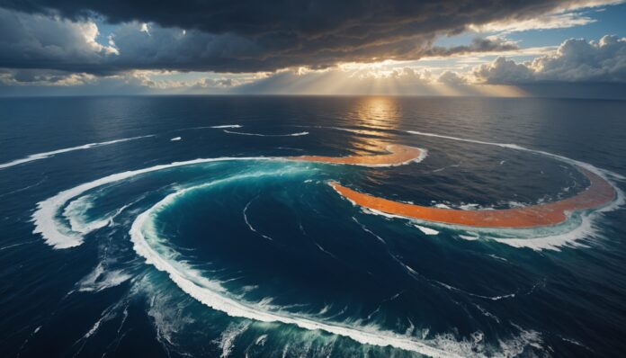 Vue satellite stylisée de l'océan Pacifique tropical illustrant le réchauffement lié à El Niño