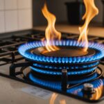 Flamme bleue d'une cuisinière à gaz, symbole de la hausse du prix du gaz naturel