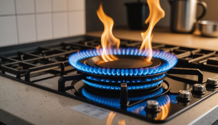 Flamme bleue d'une cuisinière à gaz, symbole de la hausse du prix du gaz naturel