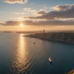 Vue aérienne du littoral atlantique français avec bateaux et port, illustrant la politique de la mer