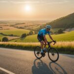Cycliste roulant sur un vélo endurance sur une route de campagne au lever du jour