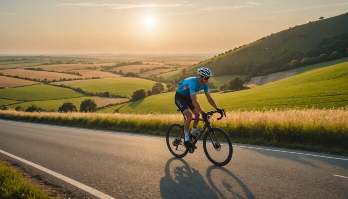 Cycliste sur vélo endurance sur une route de campagne Cycliste roulant sur un vélo endurance sur une route de campagne au lever du jour
