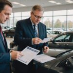Remise de documents de carte grise et de clés de voiture dans un bureau de concession automobile