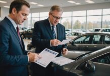 Carte grise : démarches, délais et erreurs à éviter Remise de documents de carte grise et de clés de voiture dans un bureau de concession automobile