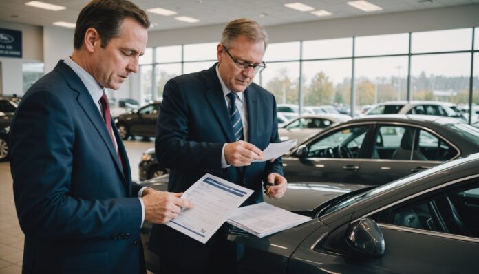 Carte grise : remise des documents d'immatriculation lors d'un achat de véhicule Remise de documents de carte grise et de clés de voiture dans un bureau de concession automobile