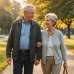 Couple de seniors actifs marchant dans un parc au soleil couchant, illustration du bien vieillir et de la prévention
