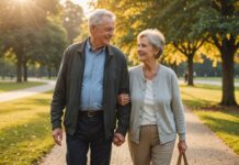 Bien vieillir : à quel âge les Français doivent-ils agir ? Couple de seniors actifs marchant dans un parc au soleil couchant, illustration du bien vieillir et de la prévention