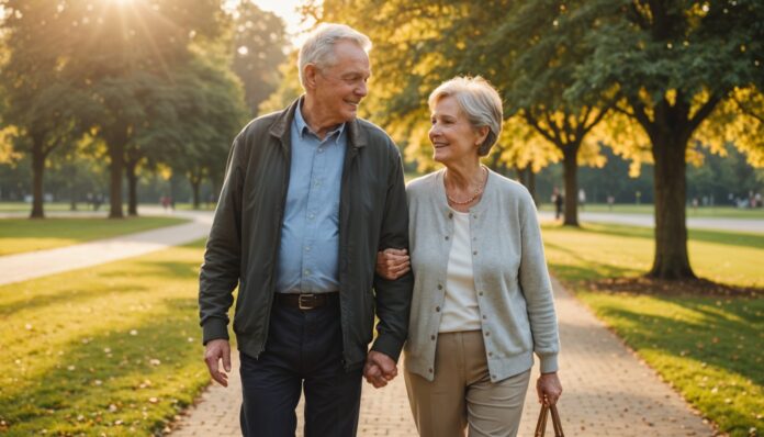 Bien vieillir : couple senior actif dans un parc Couple de seniors actifs marchant dans un parc au soleil couchant, illustration du bien vieillir et de la prévention