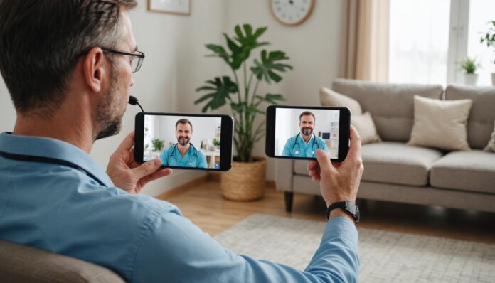 Patient en téléconsultation médicale avec un médecin via smartphone