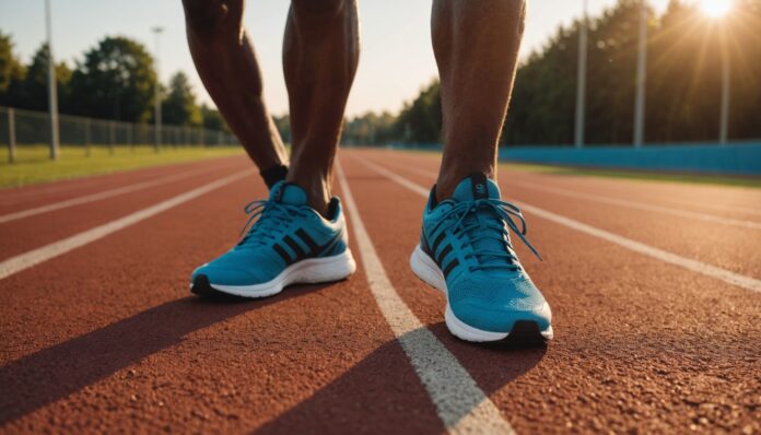 Paire de chaussures running sur une piste d'athlétisme au coucher du soleil