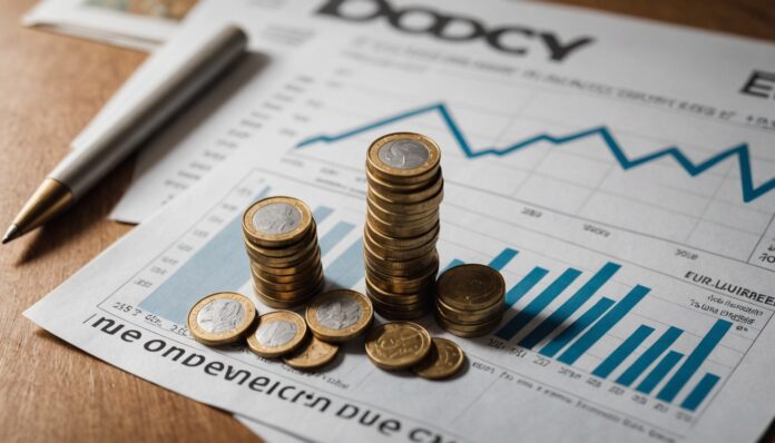Prévisions économiques de la Banque de France pour la France Illustration symbolisant le ralentissement de l'économie française avec pièces et graphique en baisse