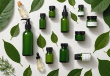 Cosmétiques bio : comment reconnaître un vrai produit Cosmétiques bio présentés en flacons et bocaux en verre avec feuilles vertes