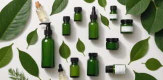 Cosmétiques bio : comment reconnaître un vrai produit Cosmétiques bio présentés en flacons et bocaux en verre avec feuilles vertes