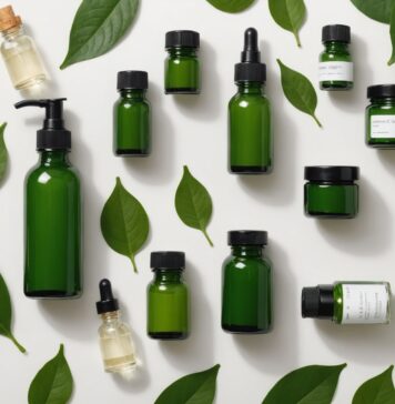 Cosmétiques bio : comment reconnaître un vrai produit Cosmétiques bio présentés en flacons et bocaux en verre avec feuilles vertes
