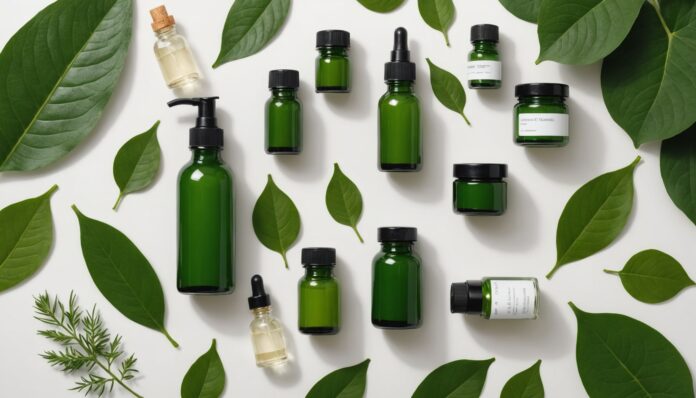 Cosmétiques bio présentés en flacons et bocaux en verre avec feuilles vertes