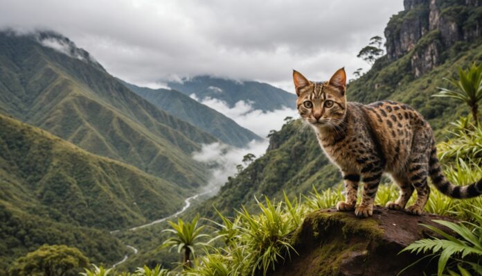 Petit félin sauvage tacheté tilcayo dans la forêt de montagne bolivienne