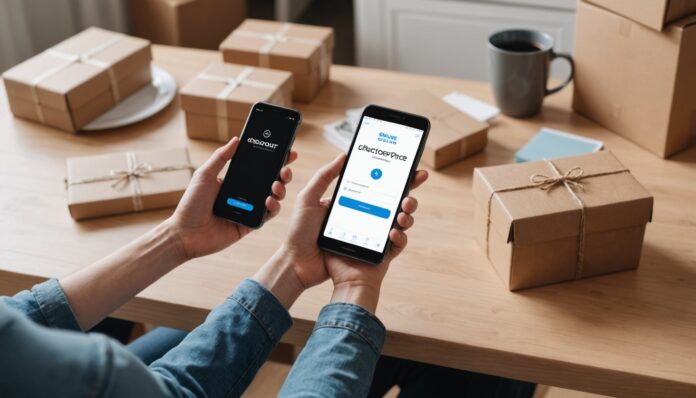 Personne réalisant un paiement en ligne sur smartphone avec des colis de livraison