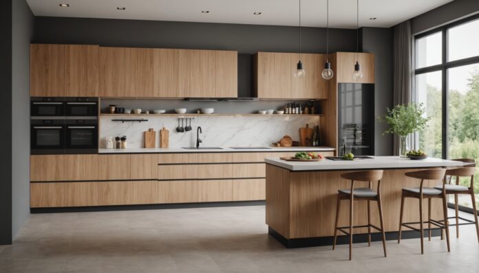 Cuisine équipée moderne avec plan de travail et rangements sur mesure