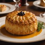 Pâté en croûte à la croûte décorée servi sur une table de restaurant gastronomique