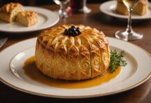 Pâté en croûte, tourtes, vol-au-vent : le grand retour des feuilletés charcutiers Pâté en croûte à la croûte décorée servi sur une table de restaurant gastronomique