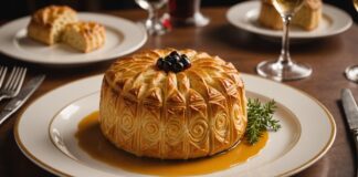Pâté en croûte, tourtes, vol-au-vent : le grand retour des feuilletés charcutiers Pâté en croûte à la croûte décorée servi sur une table de restaurant gastronomique