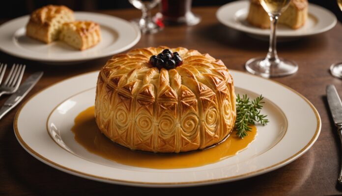 Pâté en croûte à la croûte décorée servi sur une table de restaurant gastronomique