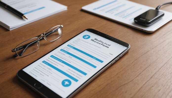Smartphone photographiant un document médical pour l'envoyer via l'application ameli