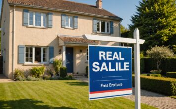 Plus-value immobilière : comment la calculer, l’exonérer et éviter les pièges fiscaux Maison avec panneau à vendre, illustration de la plus-value immobilière
