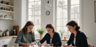 Sobriété et quête de sens : ce que révèlent les dernières études sur le quotidien des Français Famille française gérant son budget au quotidien, ambiance sobre et lumineuse