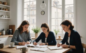 Sobriété et quête de sens : ce que révèlent les dernières études sur le quotidien des Français Famille française gérant son budget au quotidien, ambiance sobre et lumineuse