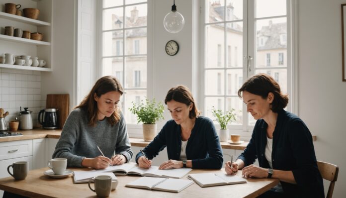 Famille française gérant son budget au quotidien, ambiance sobre et lumineuse