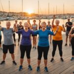 Fête du Sport : la France invitée à bouger le 14 septembre à Marseille Groupe de personnes de tous âges participant à une activité physique collective en plein air au bord de l'eau, ambiance festive au coucher du soleil