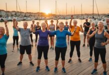 Fête du Sport : la France invitée à bouger le 14 septembre à Marseille Groupe de personnes de tous âges participant à une activité physique collective en plein air au bord de l'eau, ambiance festive au coucher du soleil