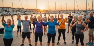 Fête du Sport : la France invitée à bouger le 14 septembre à Marseille Groupe de personnes de tous âges participant à une activité physique collective en plein air au bord de l'eau, ambiance festive au coucher du soleil