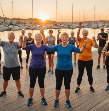 Fête du Sport : la France invitée à bouger le 14 septembre à Marseille Groupe de personnes de tous âges participant à une activité physique collective en plein air au bord de l'eau, ambiance festive au coucher du soleil