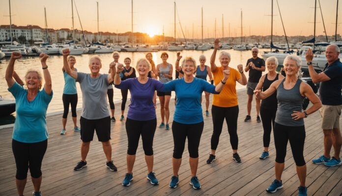 Groupe de personnes de tous âges participant à une activité physique collective en plein air au bord de l'eau, ambiance festive au coucher du soleil