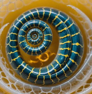 Serpents : pourquoi leurs embryons s’enroulent presque tous dans le même sens Illustration scientifique d'un embryon de serpent enroulé en spirale dans son œuf