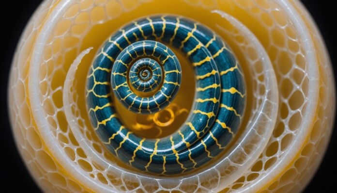 Illustration scientifique d'un embryon de serpent enroulé en spirale dans son œuf