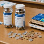 Illustration d'un comptoir de pharmacie avec boîtes de médicaments, carte vitale et pièces en euros
