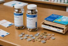 Franchise médicale et médicaments à 15 % : ce qui change pour les patients en ALD Illustration d'un comptoir de pharmacie avec boîtes de médicaments, carte vitale et pièces en euros