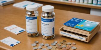 Franchise médicale et médicaments à 15 % : ce qui change pour les patients en ALD Illustration d'un comptoir de pharmacie avec boîtes de médicaments, carte vitale et pièces en euros