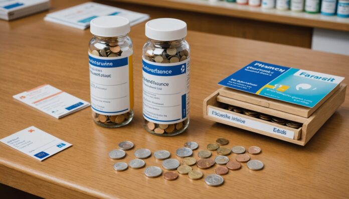 Illustration d'un comptoir de pharmacie avec boîtes de médicaments, carte vitale et pièces en euros