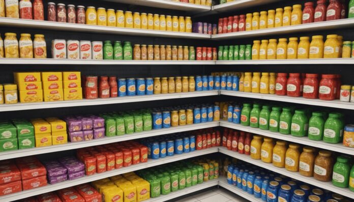 Illustration d'un rayon de supermarché français avec des produits alimentaires préemballés