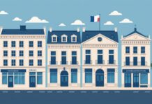 Simplification administrative : ce qui change vraiment pour les entreprises Illustration d'un bâtiment administratif et de commerces, symbole de la simplification administrative pour les entreprises