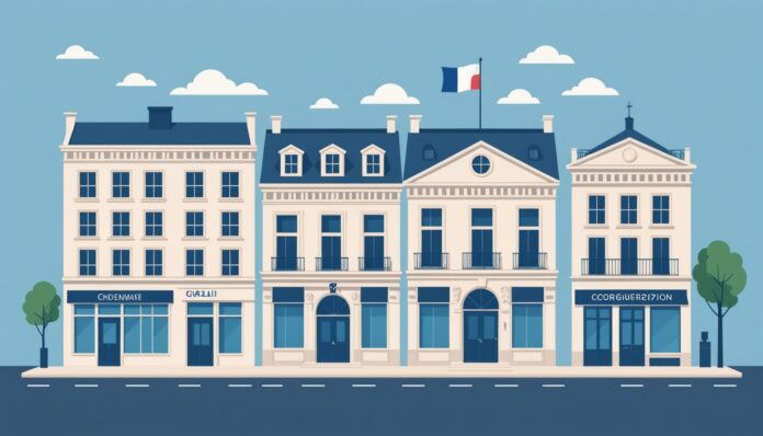 Simplification administrative pour les entreprises françaises Illustration d'un bâtiment administratif et de commerces, symbole de la simplification administrative pour les entreprises